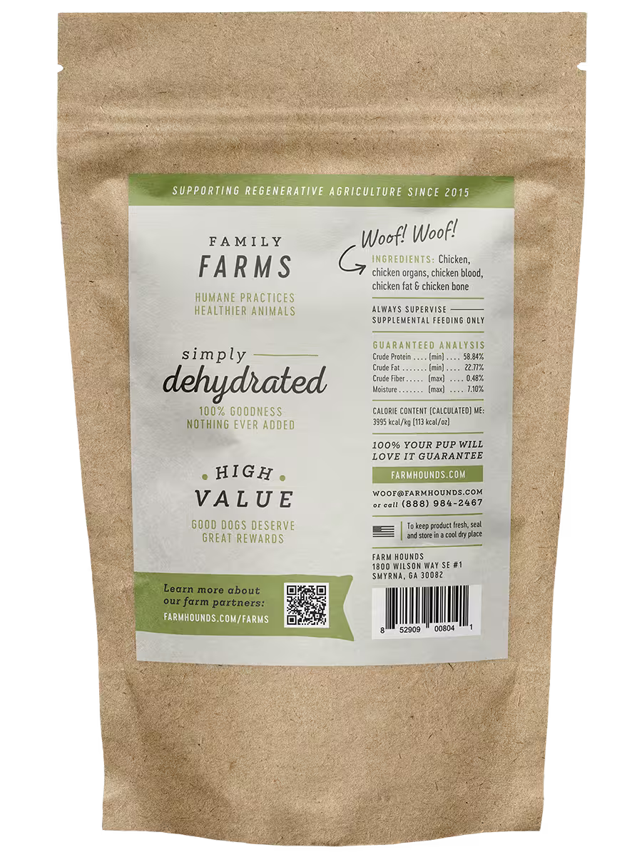 Farm Hounds chicken treats with crispy chicken strips, showing the back side of the packaging in the image.