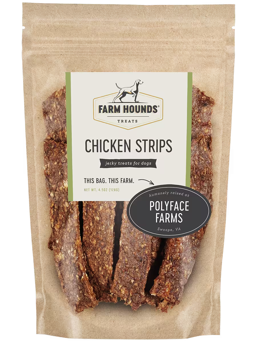 Farm Hounds chicken treats featuring crispy chicken strips, shown from the front view, ideal for training and rewarding pets.