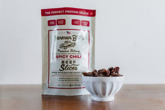 Sliced chili beef biltong from Farmer Bill's Provisions, 1/2 lb bundle of spicy dried beef slices.