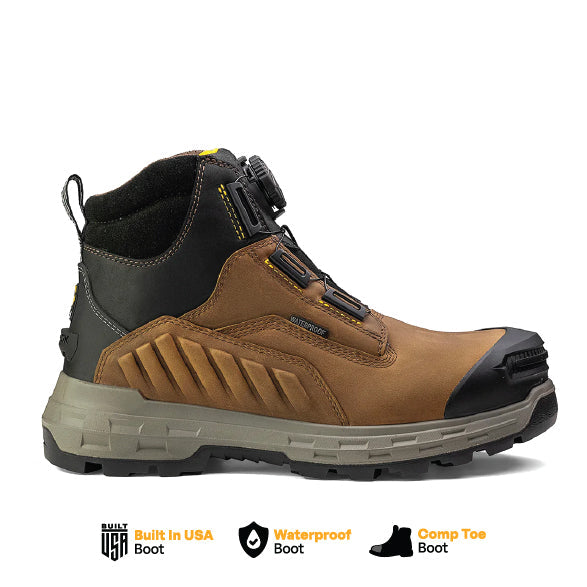 The Chinook® Footwear Wildwood 6” Composite Toe Turbolace™ Work Boot in brown features a rugged sole, waterproof design, composite safety toe, and durable TURBOLACE system. Built in the USA, it offers top protection and comfort.
