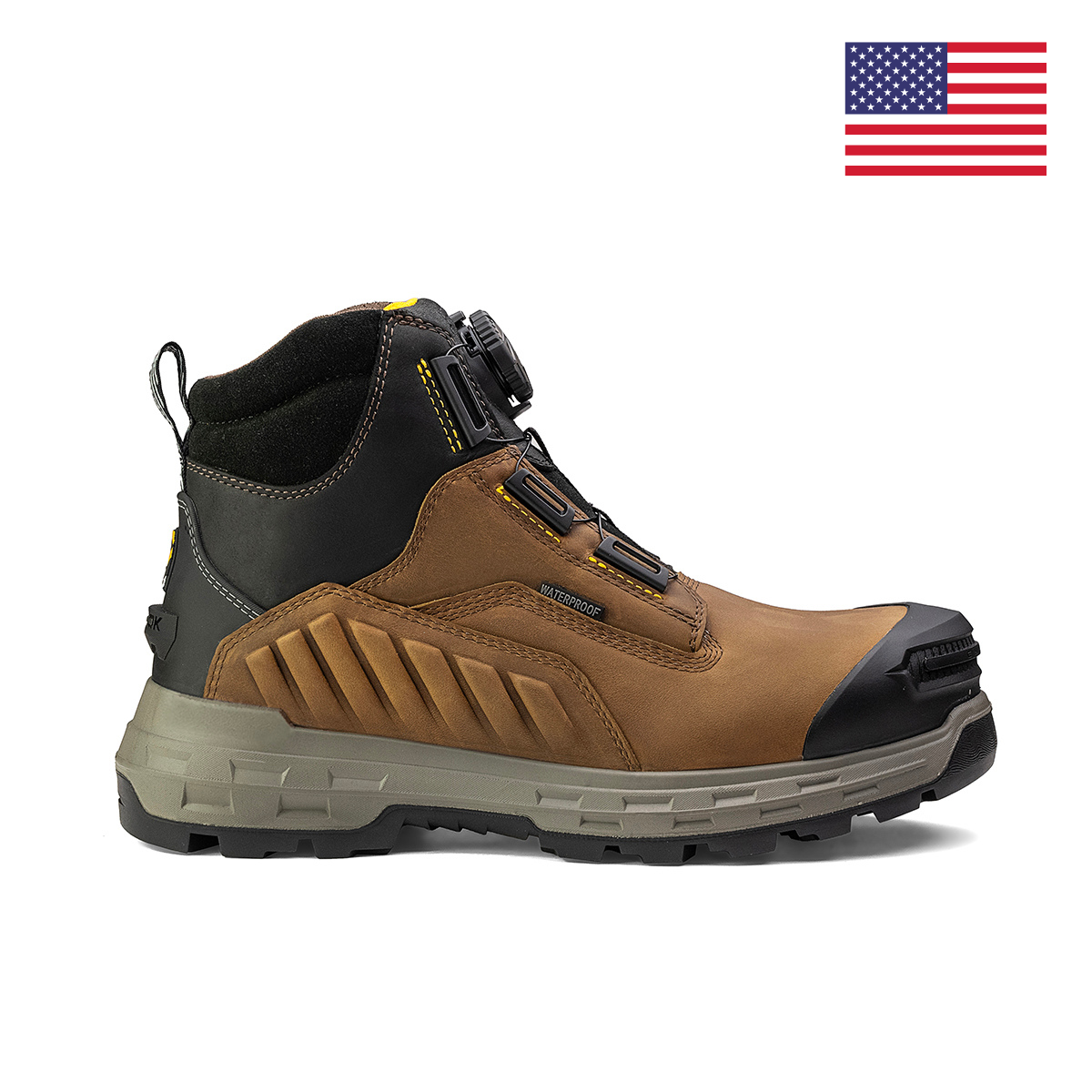 Side view of the Chinook® Footwear Wildwood 6” Composite Toe Turbolace™ Work Boot in brown, featuring a rugged sole, waterproof leather, innovative TURBOLACE dial closure, and displayed on white with a small American flag at the top right.