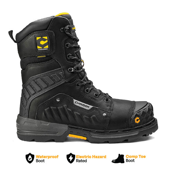 The Chinook® Footwear Scorpion 9” Composite Toe Men’s Waterproof Work Boot in black delivers waterproof protection, an electric hazard rating, and tough job durability—shown by three icons: waterproof, electric hazard rated, and work-ready.