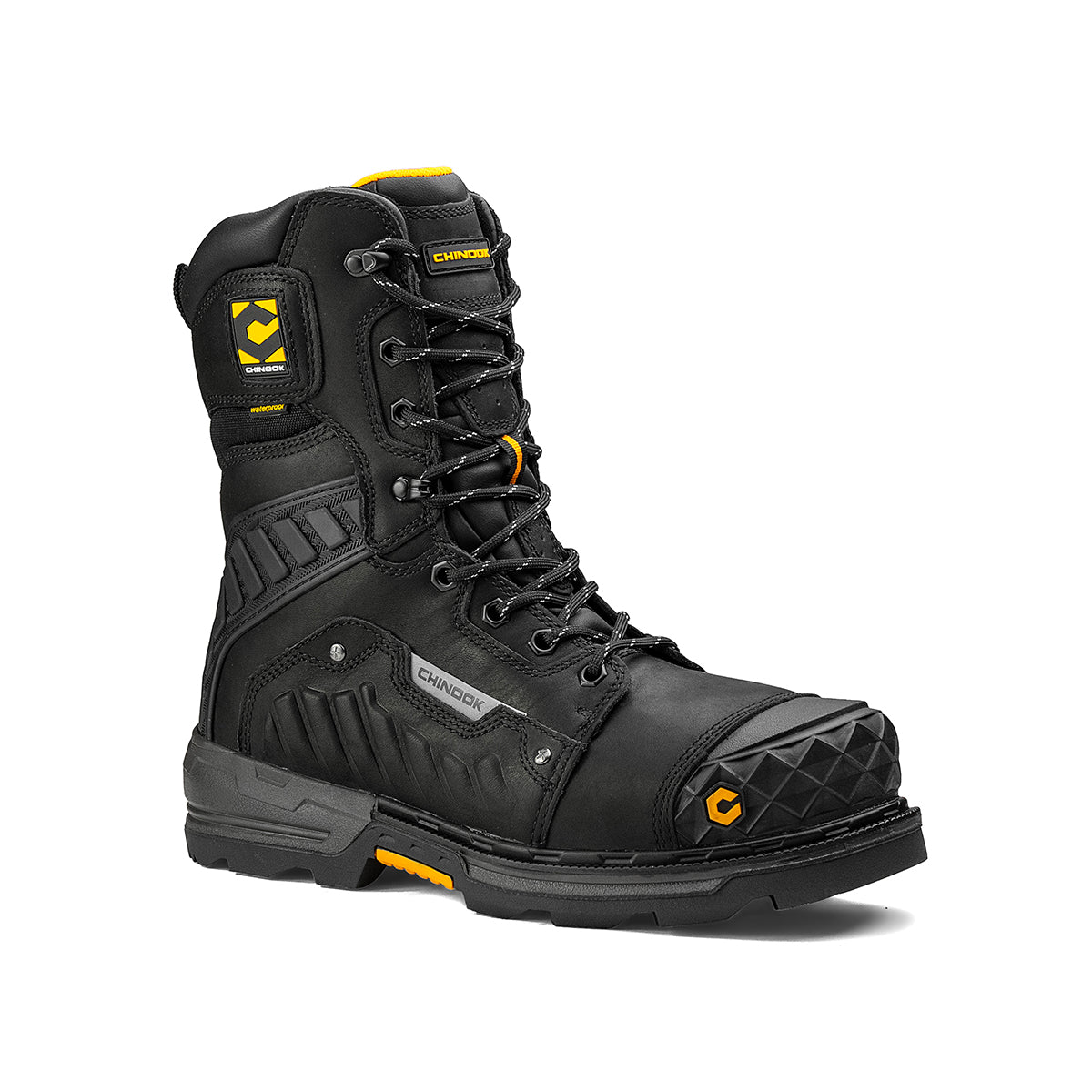 The Chinook® Footwear Scorpion 9” Composite Toe Men’s Waterproof Work Boot in black features a rugged sole, multiple textured panels, and reinforced composite toe, with the Chinook logo on the tongue, side, and toe.