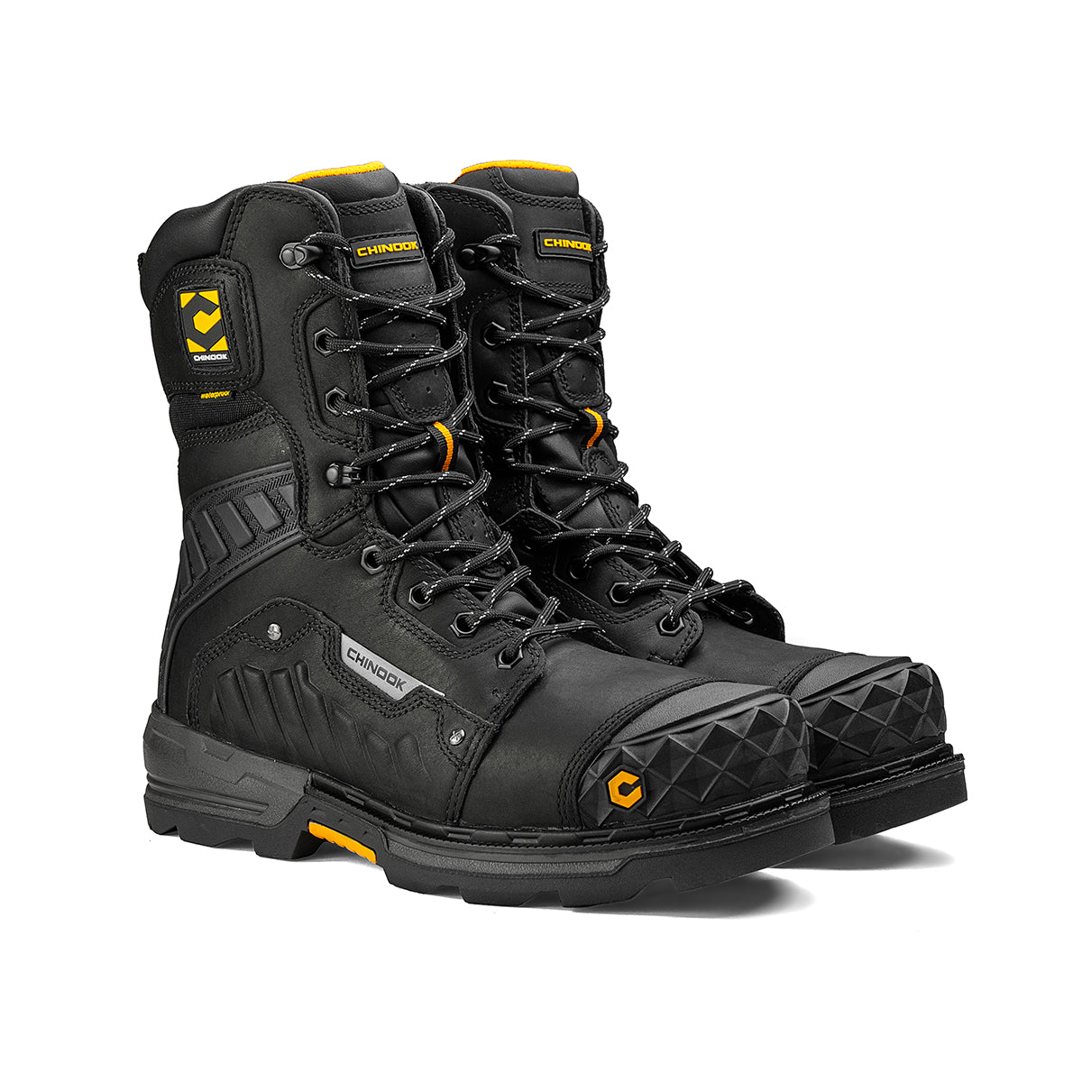 The Chinook® Footwear Scorpion 9” Composite Toe Men’s Waterproof Work Boot in black features reinforced toes, thick soles, yellow accents, and is built for heavy-duty durability.