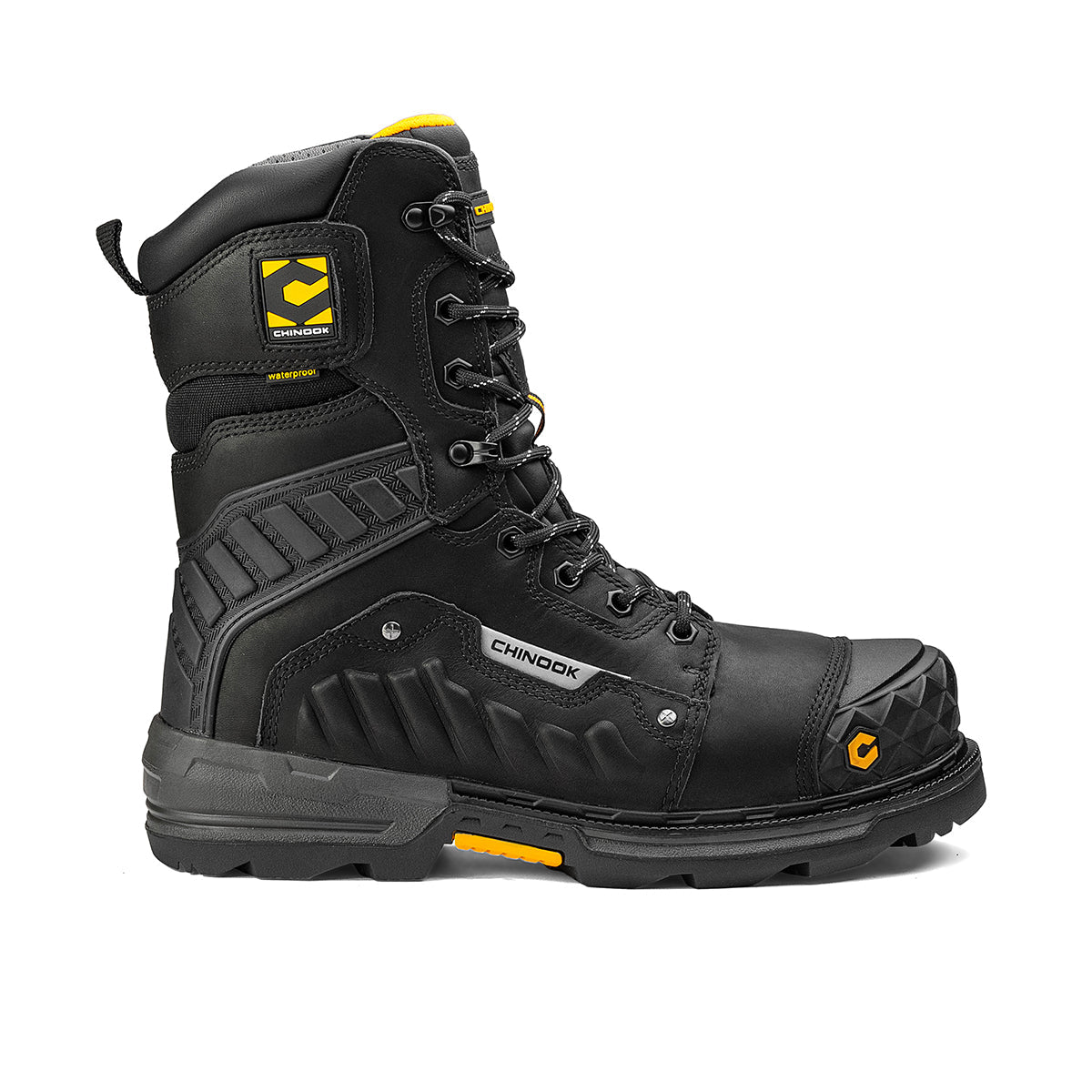 The Chinook® Footwear Scorpion 9” Composite Toe Men’s Waterproof Work Boot in black features rugged tread, metal eyelets, and a side logo, plus heavy-duty stitching and protective details for durability and safety on tough jobs.