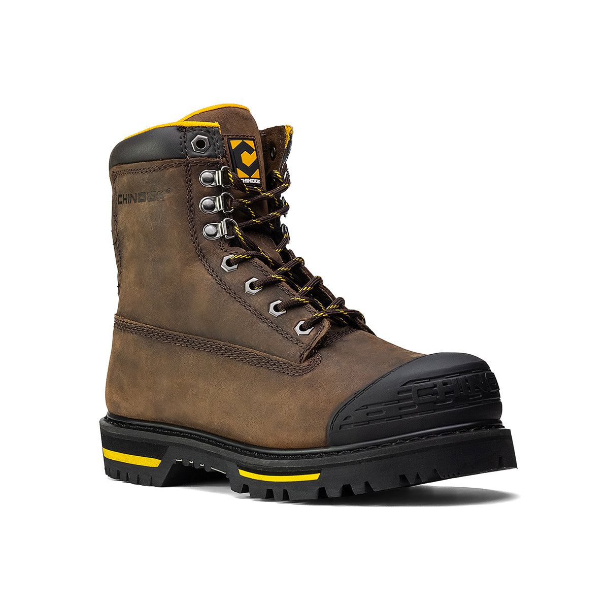 Brown Chinook® Tarantula 8-inch steel toe men's work boot with sturdy leather upper and slip-resistant sole.