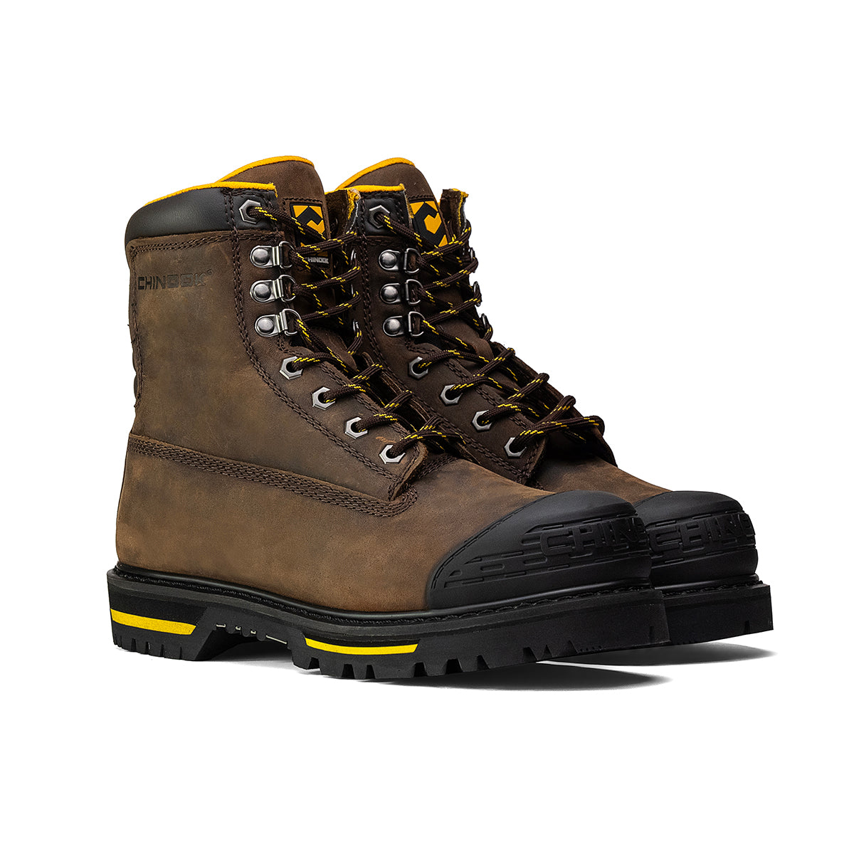 Brown Chinook® Tarantula 8-inch steel toe men's work boot with sturdy leather construction and reinforced toe for safety.
