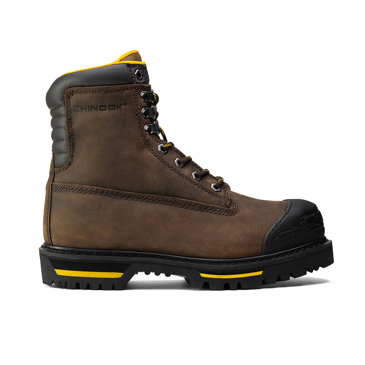 Chinook® Work Tarantula 8-inch brown steel toe men's work boot with rugged leather design and sturdy sole.