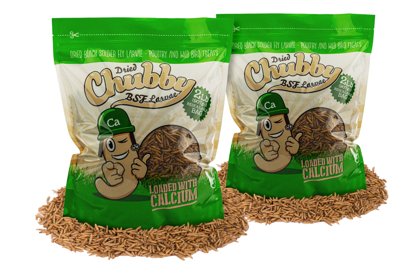 8lb bag of Chubby Mealworms USA dried black soldier fly larvae, showcasing the dried BSFL in a clear, resealable package.