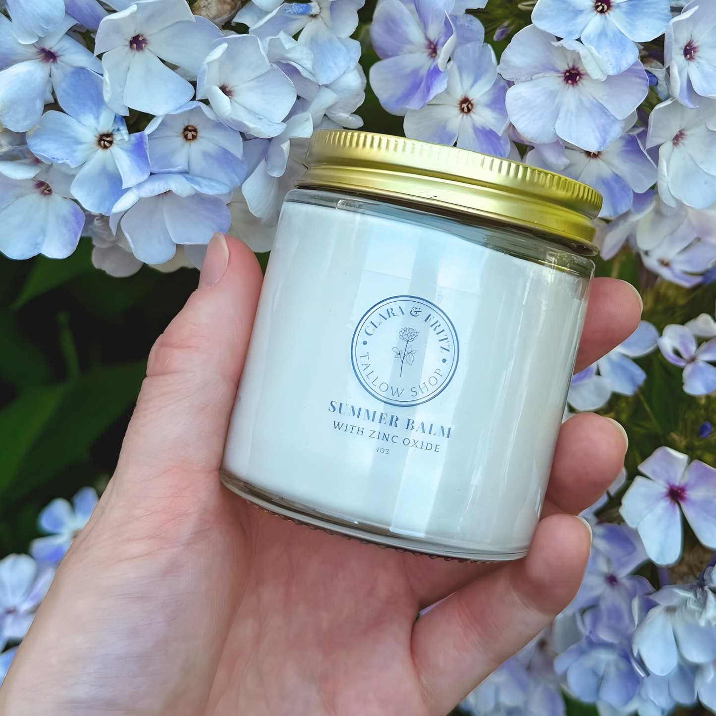 Clara & Fritz Tallow Shop Summer Balm for Body lotion with zinc oxide, moisturizing and soothing in a 4oz container.