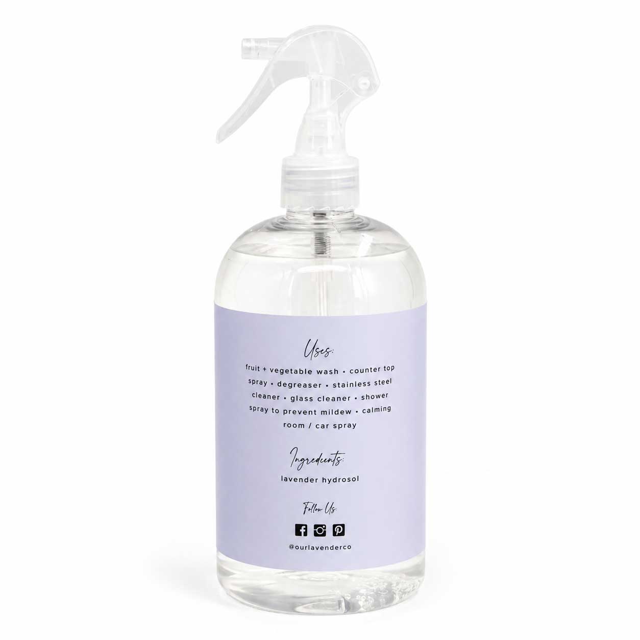 Lavender multipurpose cleaning spray in various sizes by Our Lavender Co, shown in a kitchen setting with spray bottle and fresh lavender.