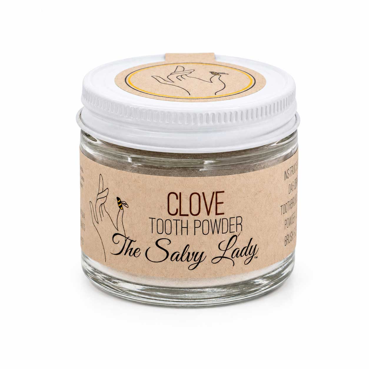Clove-flavored fluoride-free tooth powder in a 2 oz jar from The Salvy Lady, part of BuyNebraska.com’s bath and body collection.