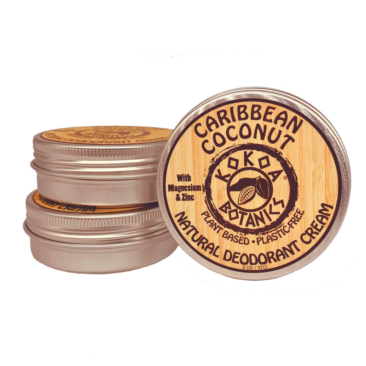 Three jars of KOKOA BOTANICS Caribbean Coconut natural deodorant cream in 2.5 oz containers, featuring coconut-scented aluminum-free formula