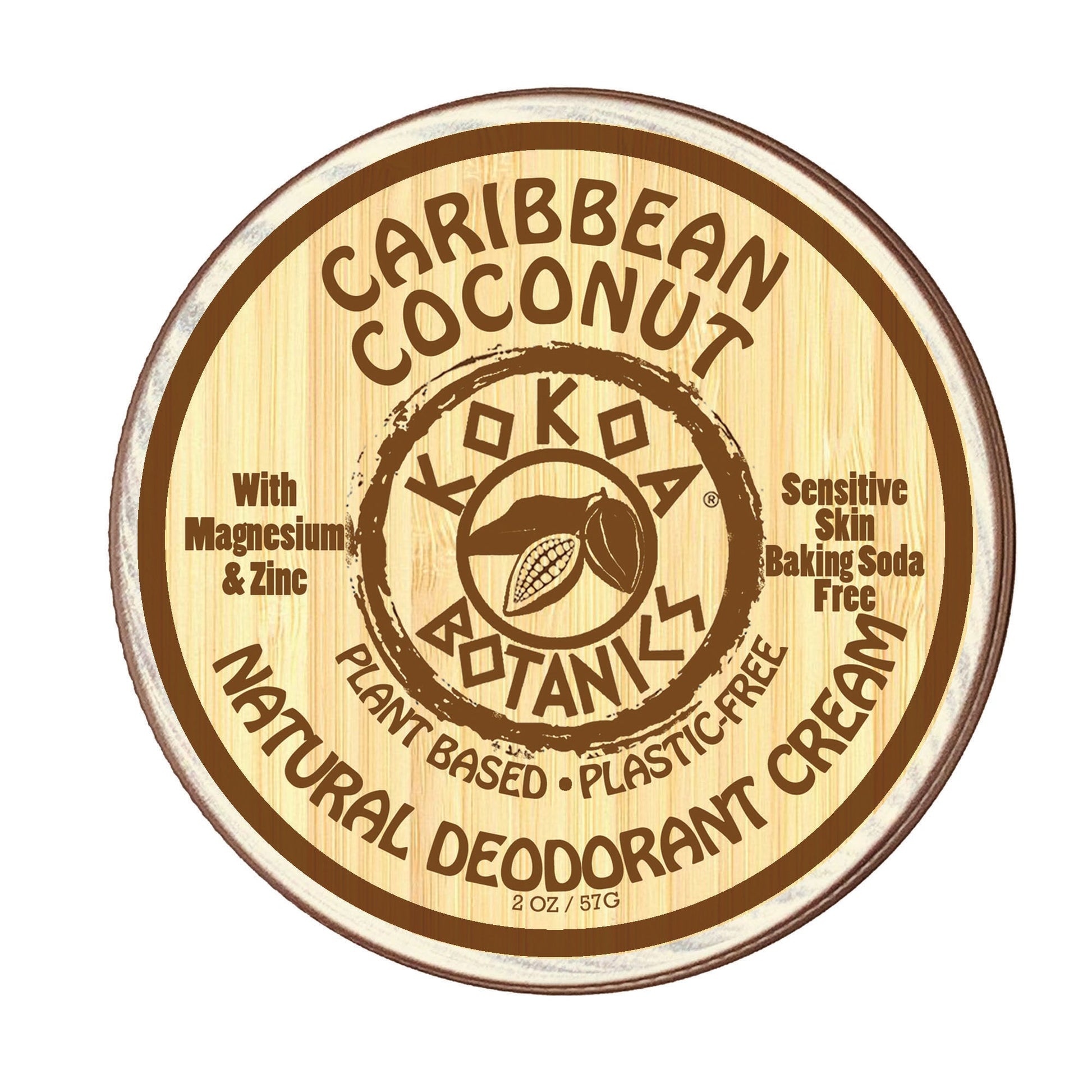 KOKOA BOTANICS Caribbean Coconut natural deodorant cream for sensitive skin in a 2.5 oz jar with coconut-themed packaging