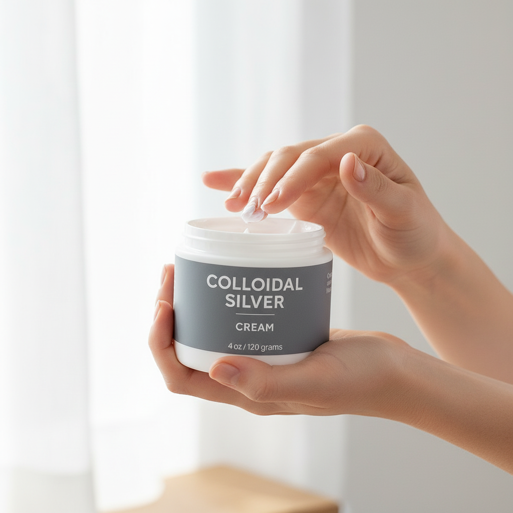 Close-up of Taylor Made Organics colloidal silver organic cream in a jar, showcasing its smooth, creamy texture for therapeutic use.