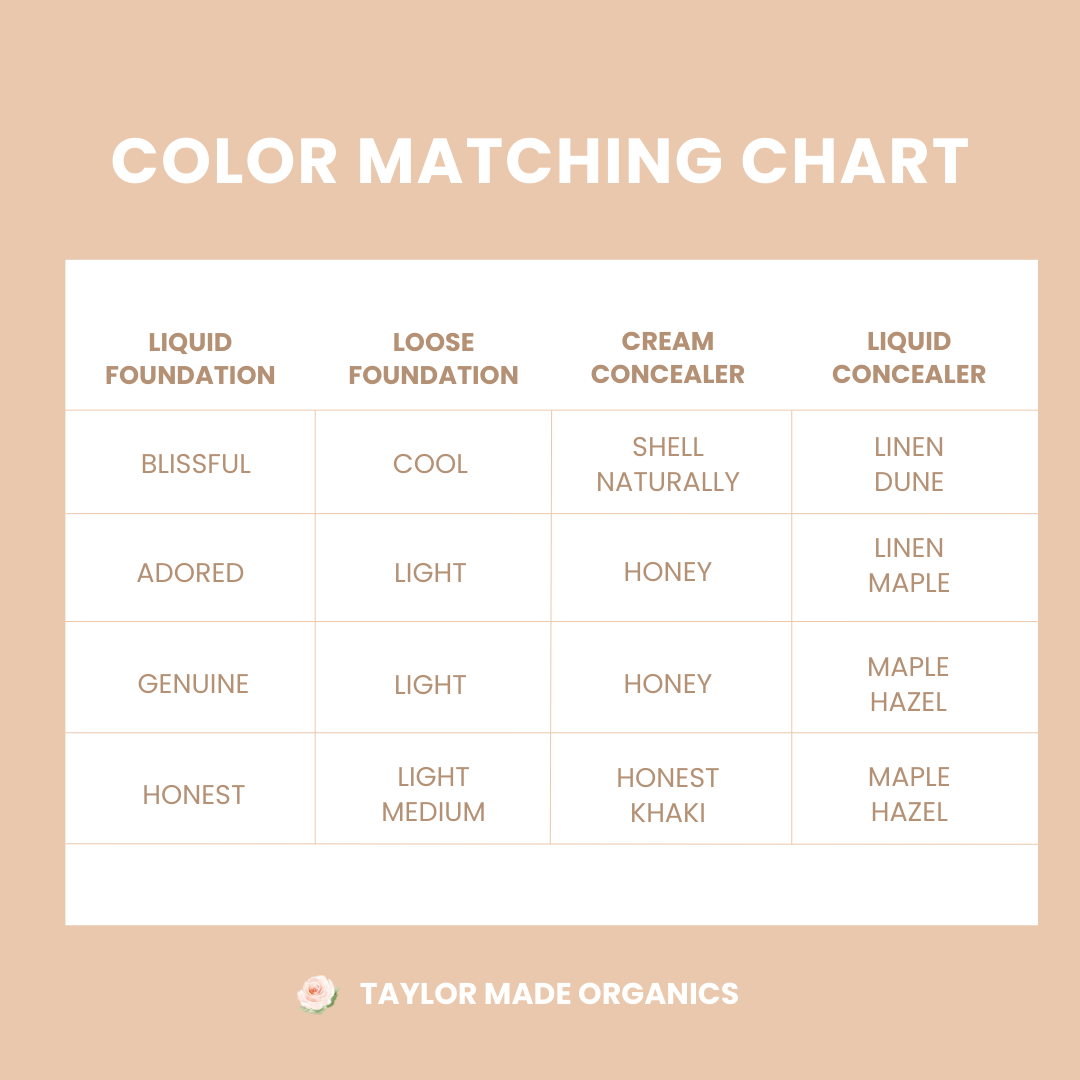 Liquid Organic Concealer by Taylor Made Organics color matching chart showing various shades for flawless skin matching