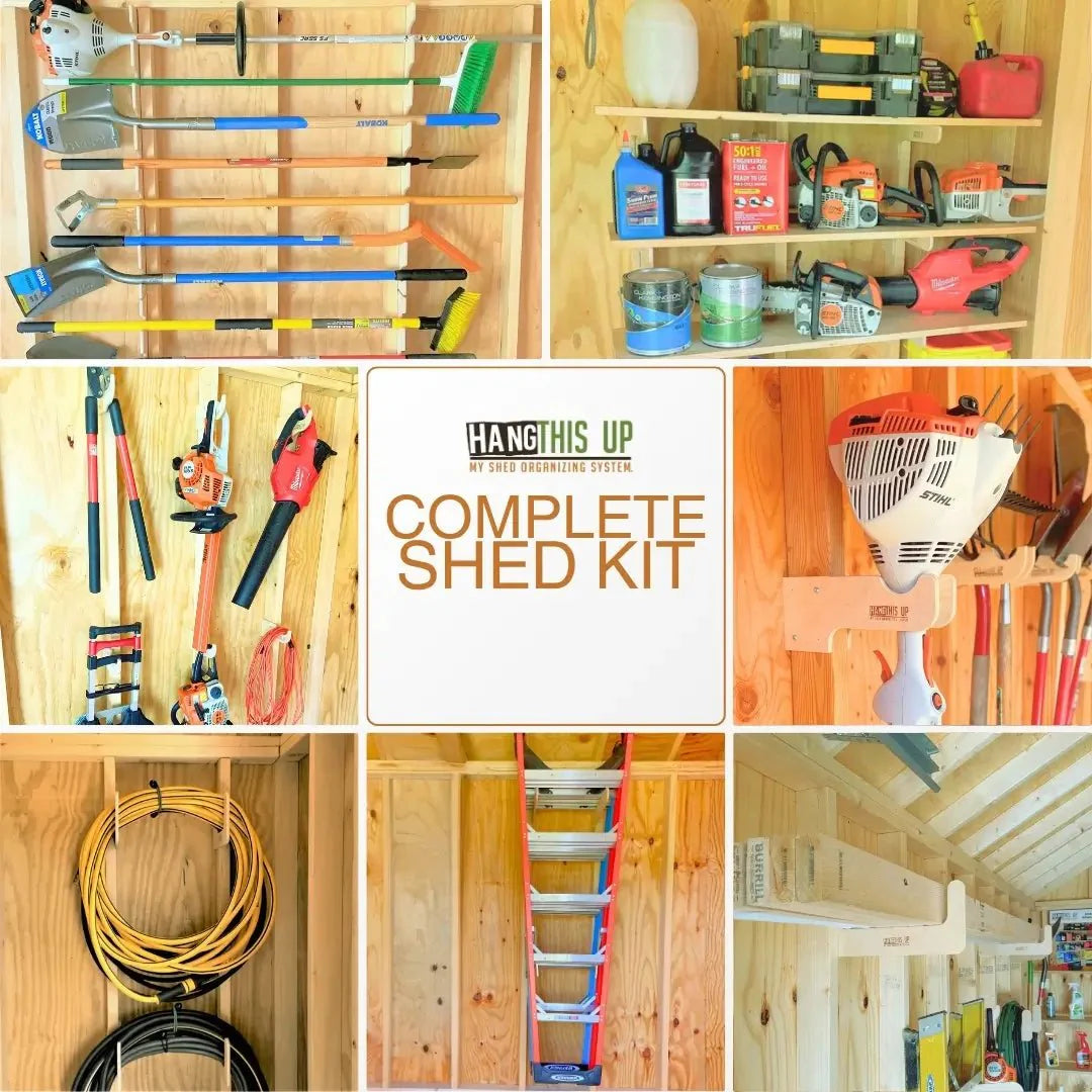 Outdoor shed organization kit by HangThis Up with hooks, shelves, and bins for yard and garden tool storage.