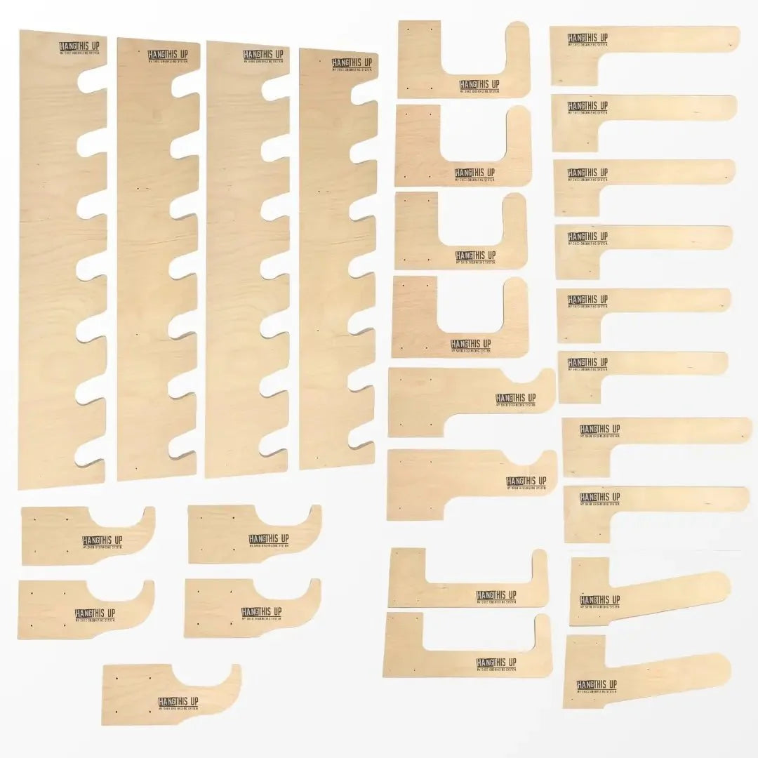 HangThis Up complete shed organization kit with tools and storage system for outdoor yard and garden shed organization.