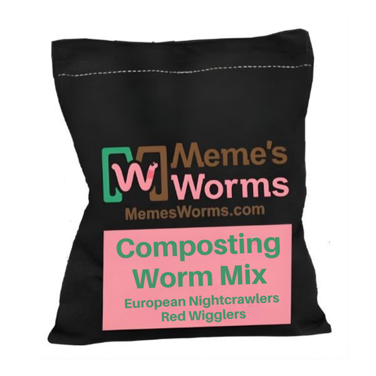 Composting worm mix featuring red wigglers and European nightcrawlers from Meme's Worms for organic composting and soil health.