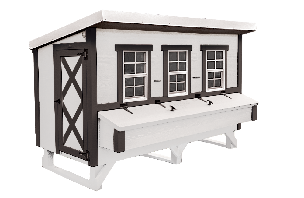 OverEZ XL Chicken Coop in bright white and black, spacious design suitable for up to 20 chickens, with windows and nesting areas.
