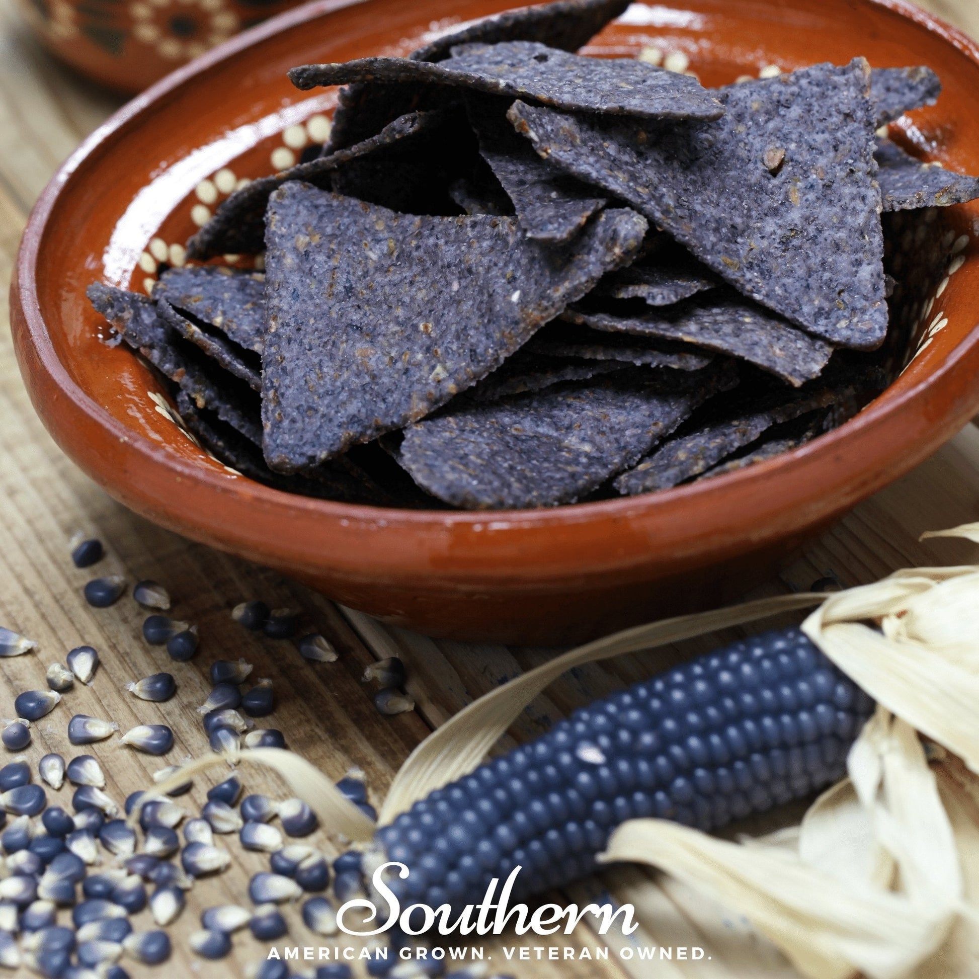 Hopi Blue Corn seeds from Southern Seeds, showing 30 blue corn seeds on a white background.