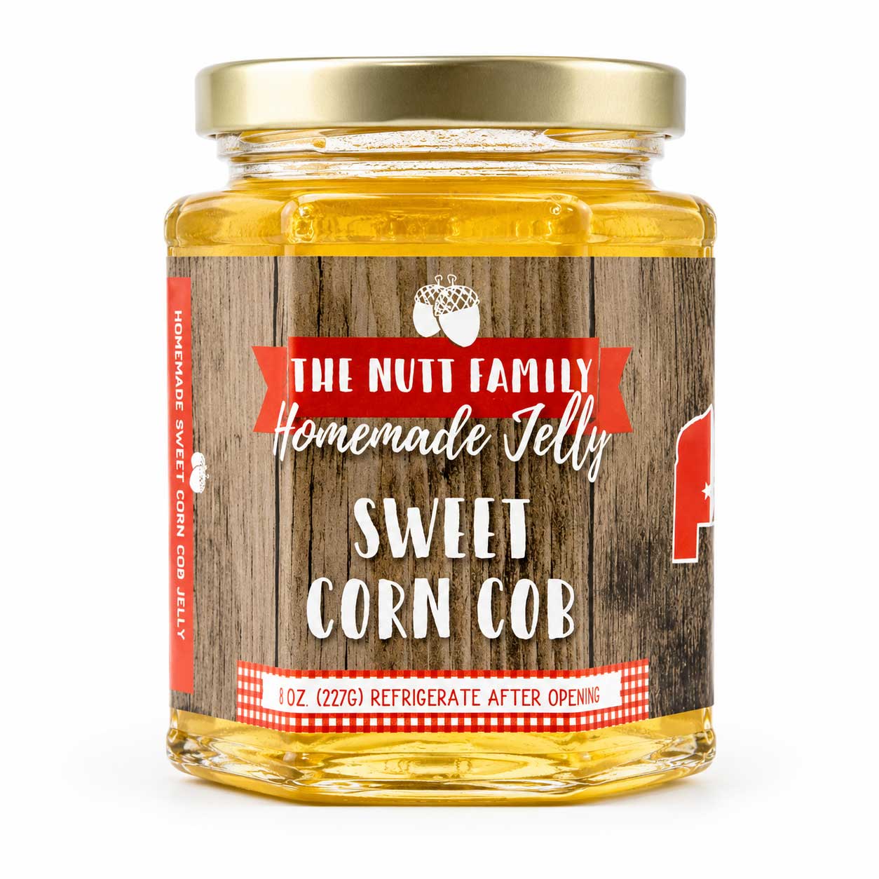 Sweet corn cob jelly in a 9 oz jar from Nutt Family Jams & Jellies, with fresh corn cobs and jar visible.