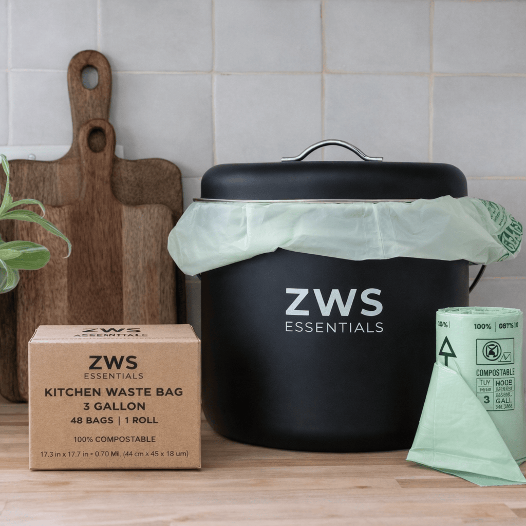 Black countertop compost bin from ZeroWasteStore.com, compact kitchen compost container with lid for eco-friendly waste disposal.