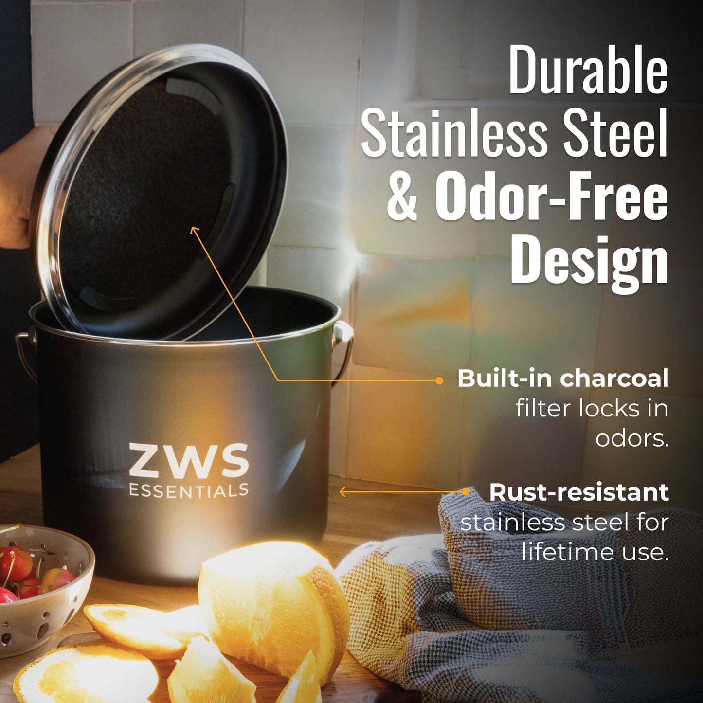 Black countertop compost bin from ZeroWasteStore.com, a kitchen composting container for organic waste collection.