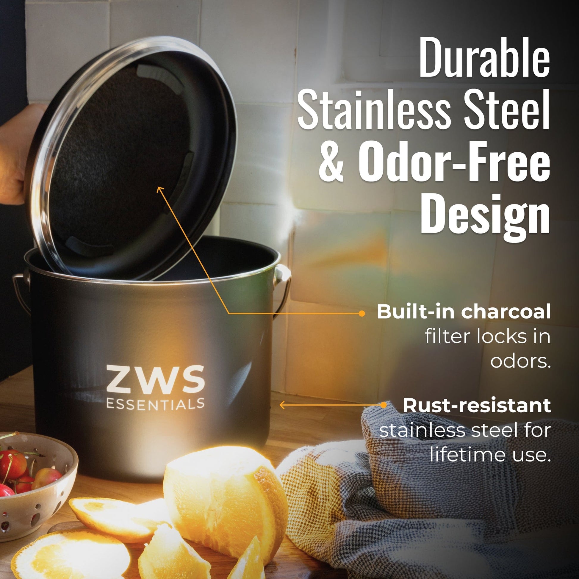 Black countertop compost bin from ZeroWasteStore.com, a kitchen composting container for organic waste collection.