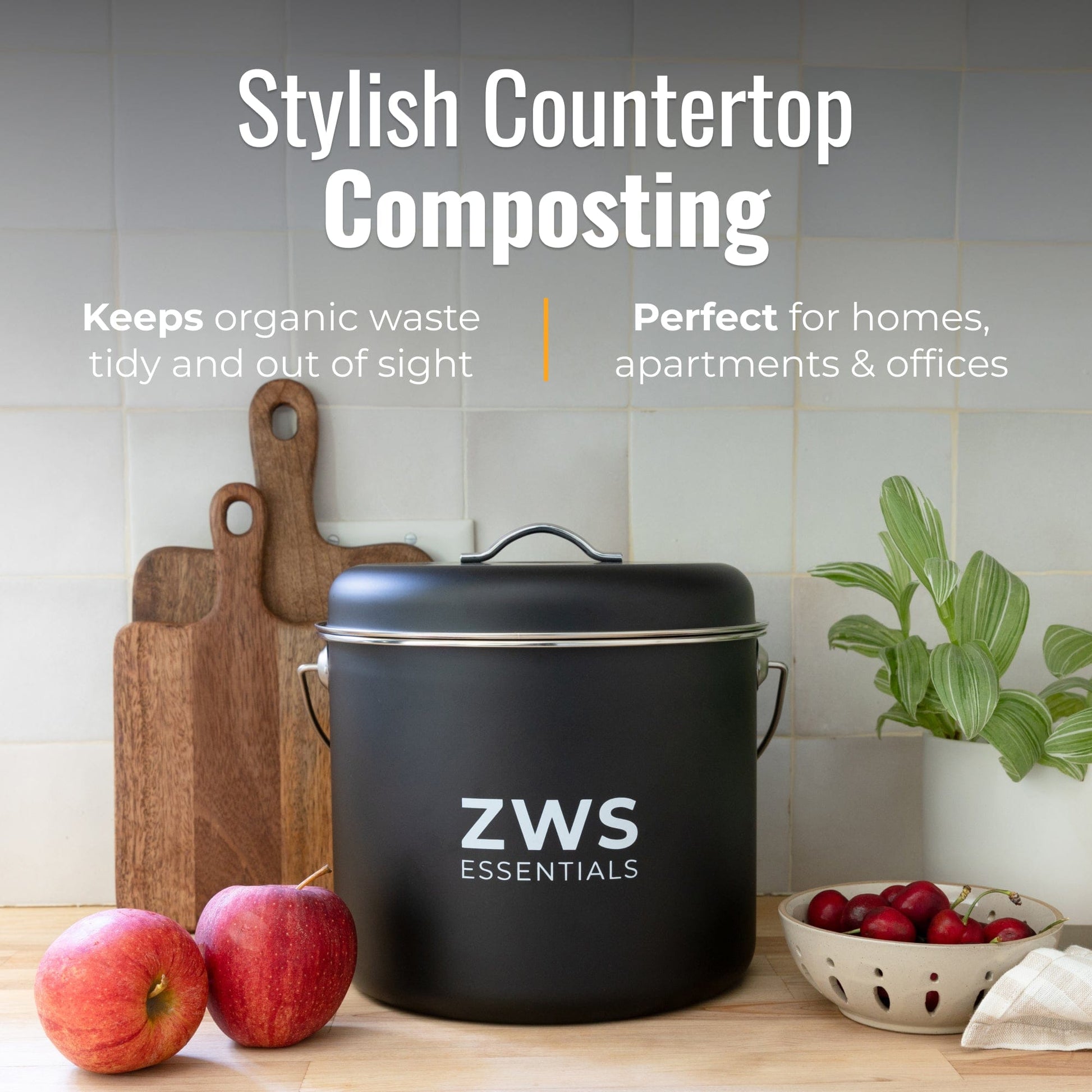 Black countertop compost bin from ZeroWasteStore.com, compact kitchen composters for waste recycling and organic composting.