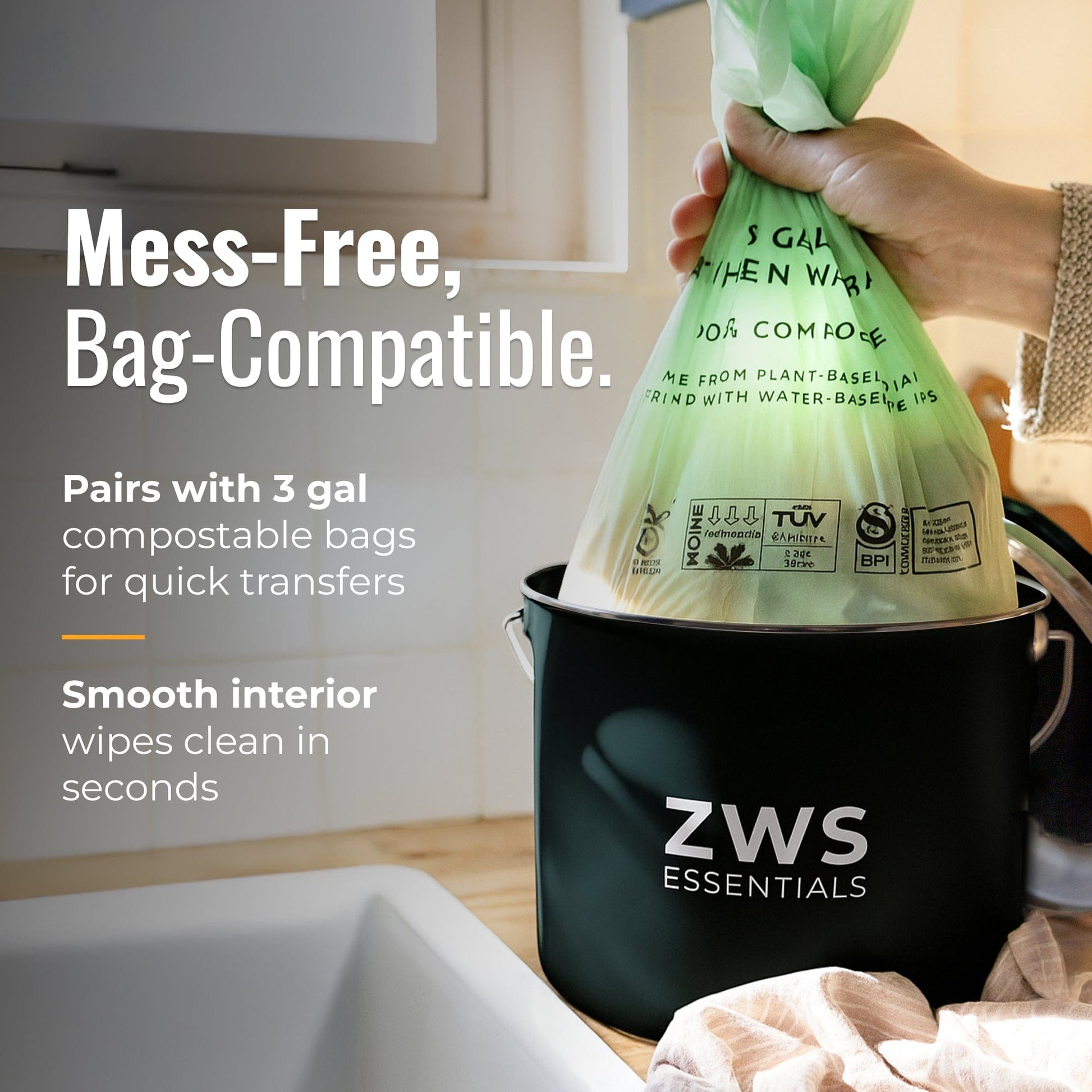 Black countertop compost bin from ZeroWasteStore.com, compact kitchen compost container with lid for organic waste collection.