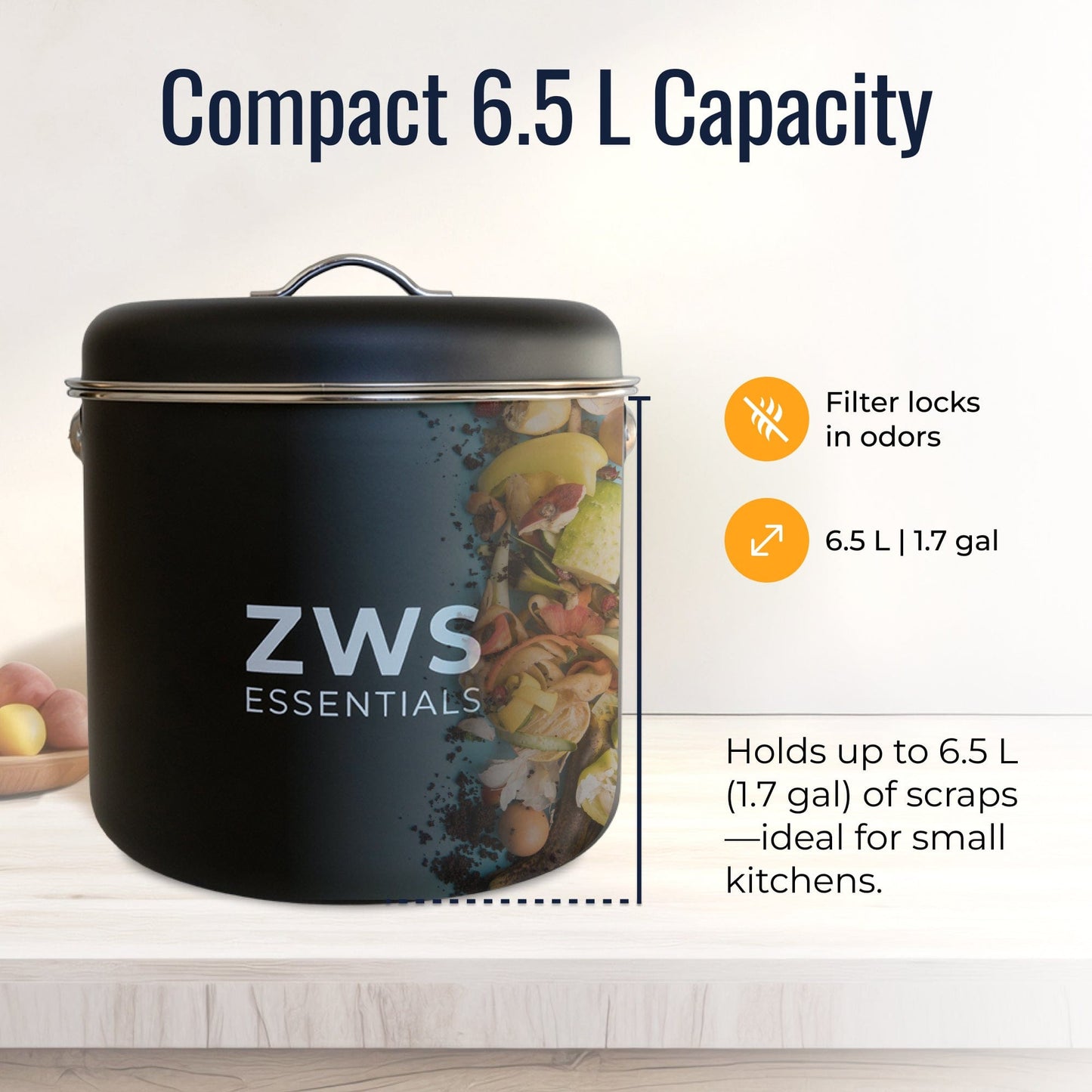 Black countertop compost bin kit from ZeroWasteStore.com, compact kitchen composters for eco-friendly waste recycling.