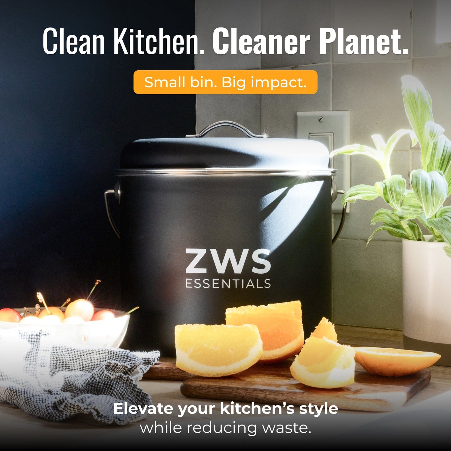 Black countertop compost bin kit by ZeroWasteStore.com, compact kitchen compost bin with lid for food waste collection.