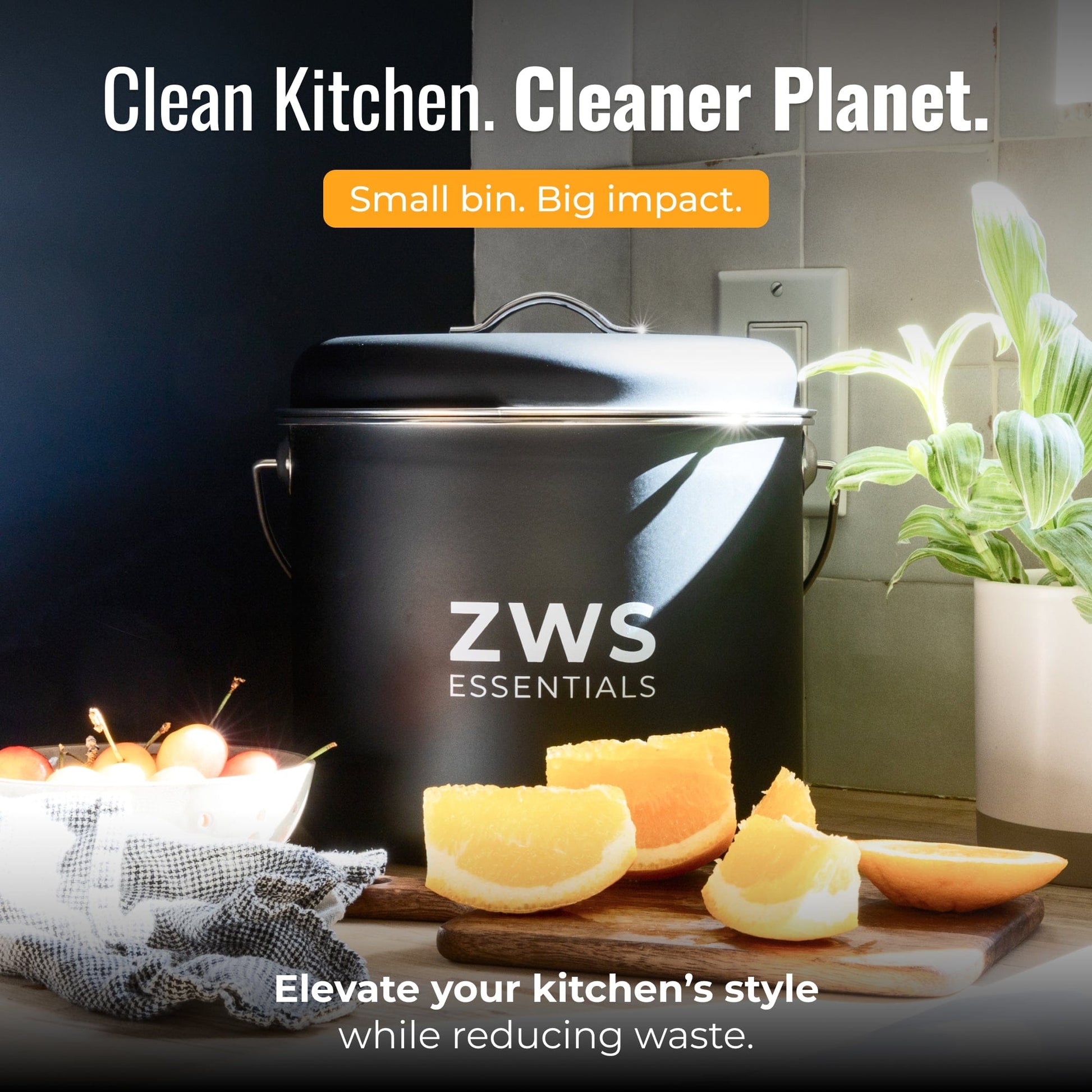 Black countertop compost bin kit by ZeroWasteStore.com, compact kitchen compost bin with lid for food waste collection.