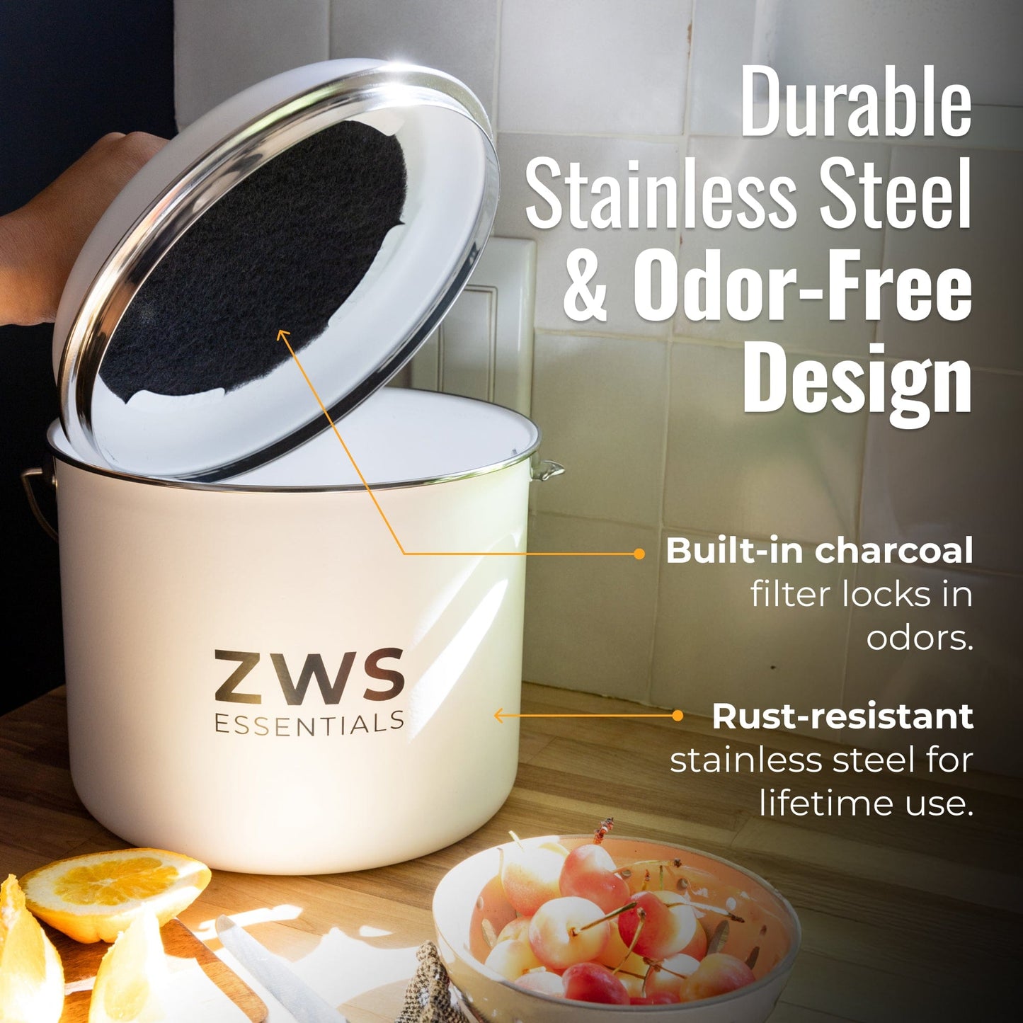 White countertop compost bin kit from ZeroWasteStore.com for kitchen composting and waste recycling.