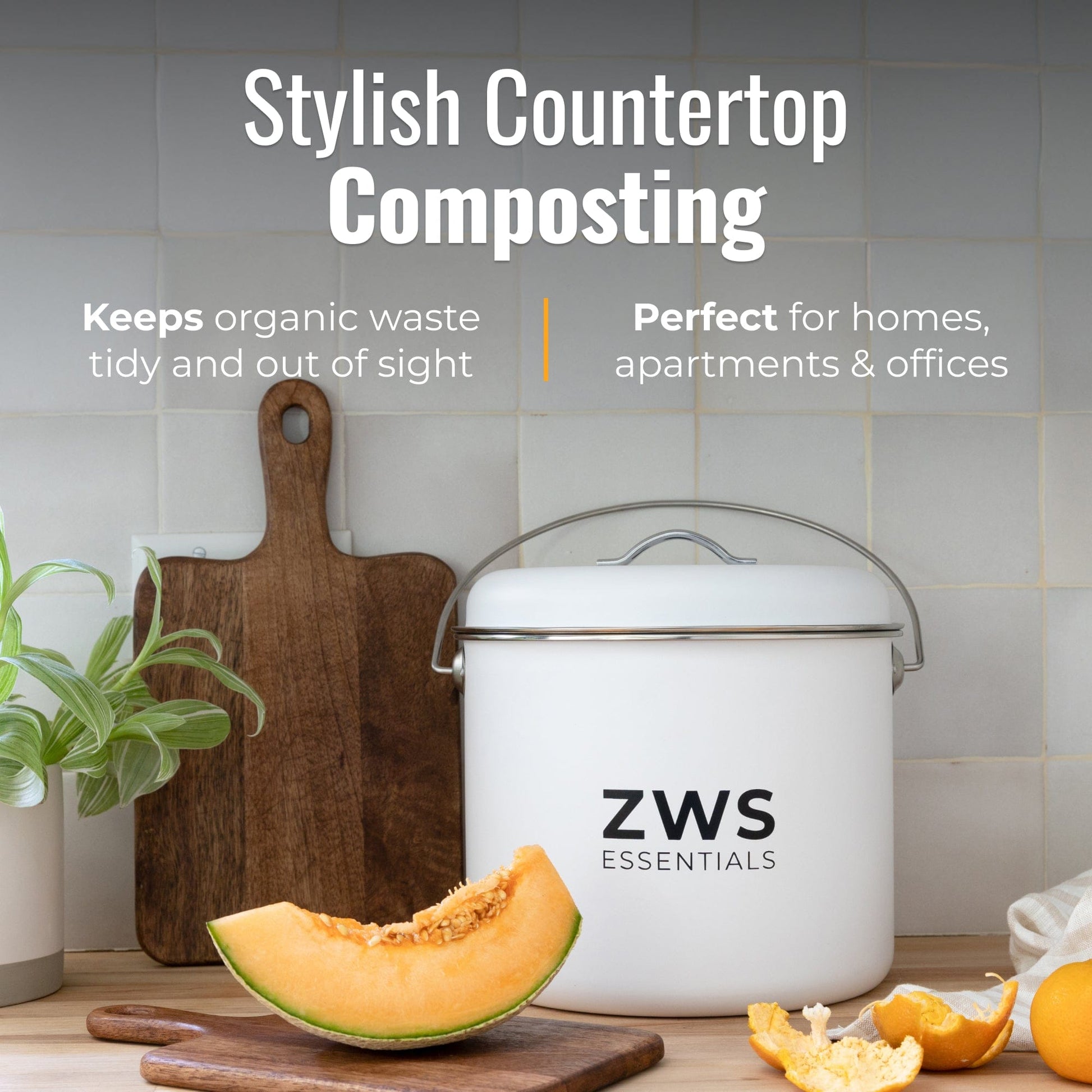 White countertop compost bin from ZeroWasteStore.com, designed for kitchen composting with a sleek, compact container.