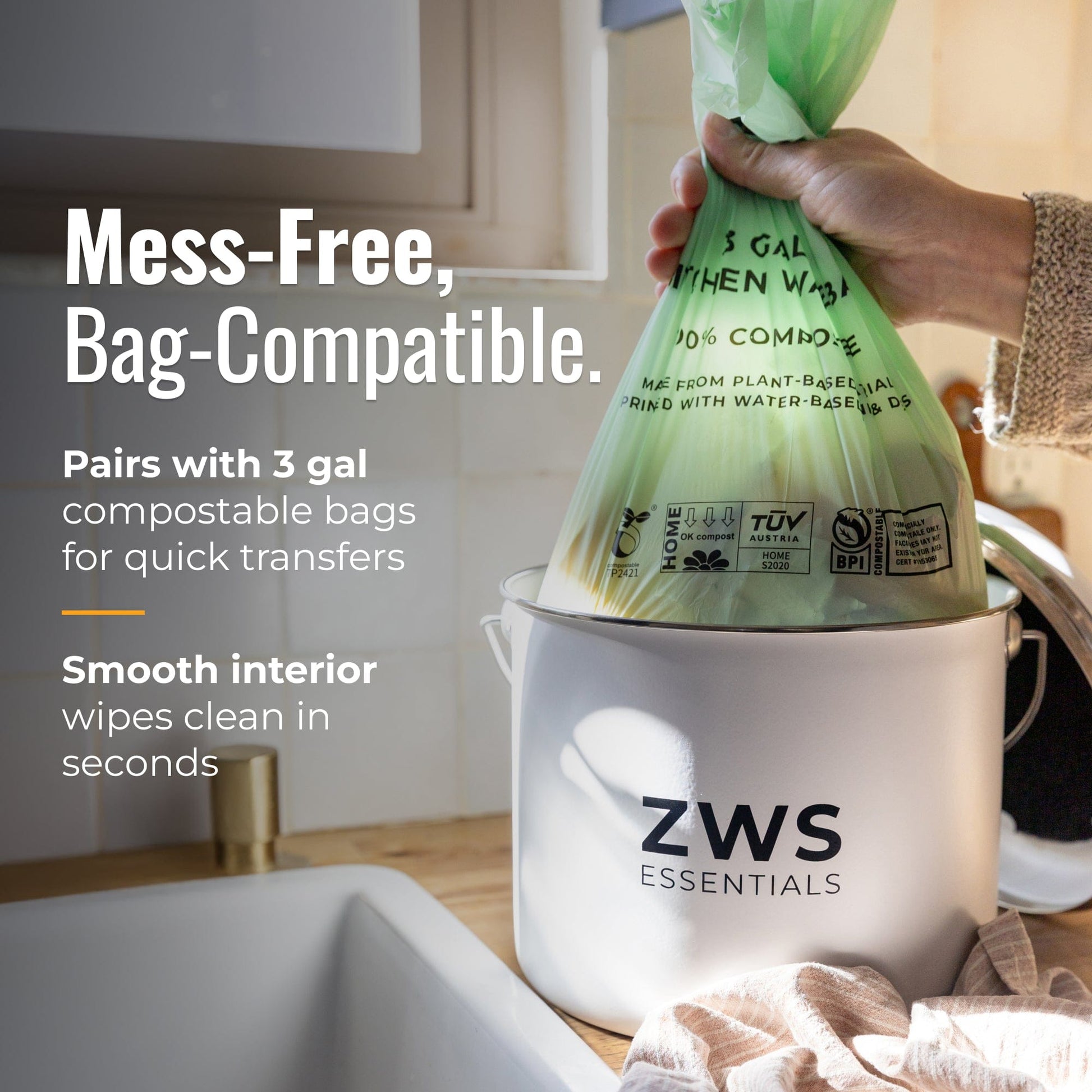 White countertop compost bin from ZeroWasteStore.com, designed for kitchen composting and easy waste collection.