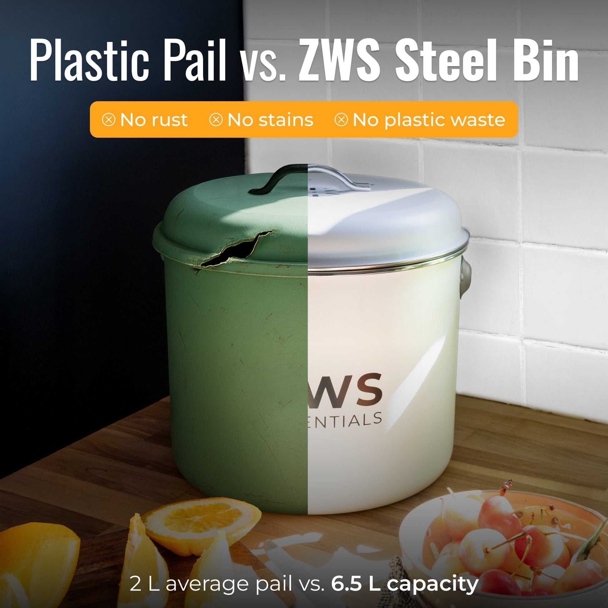White countertop compost bin from ZeroWasteStore.com, compact kitchen compost bin with lid for easy food waste recycling.