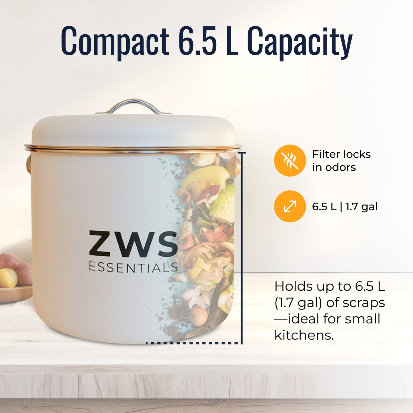White countertop compost bin kit from ZeroWasteStore.com, with lid and handle for kitchen composting.