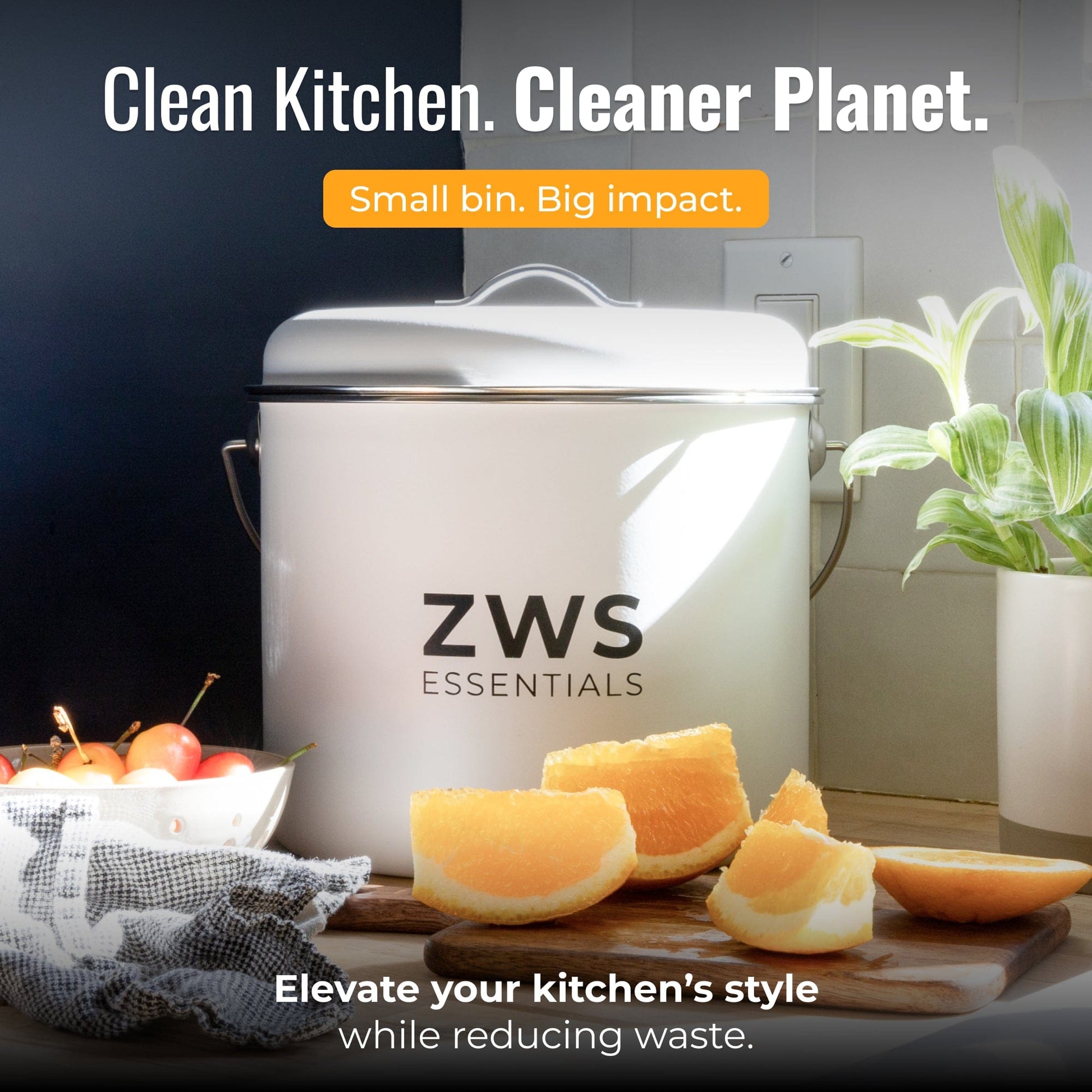White countertop compost bin kit from ZeroWasteStore.com, showing a compact kitchen compost container with lid and handle.