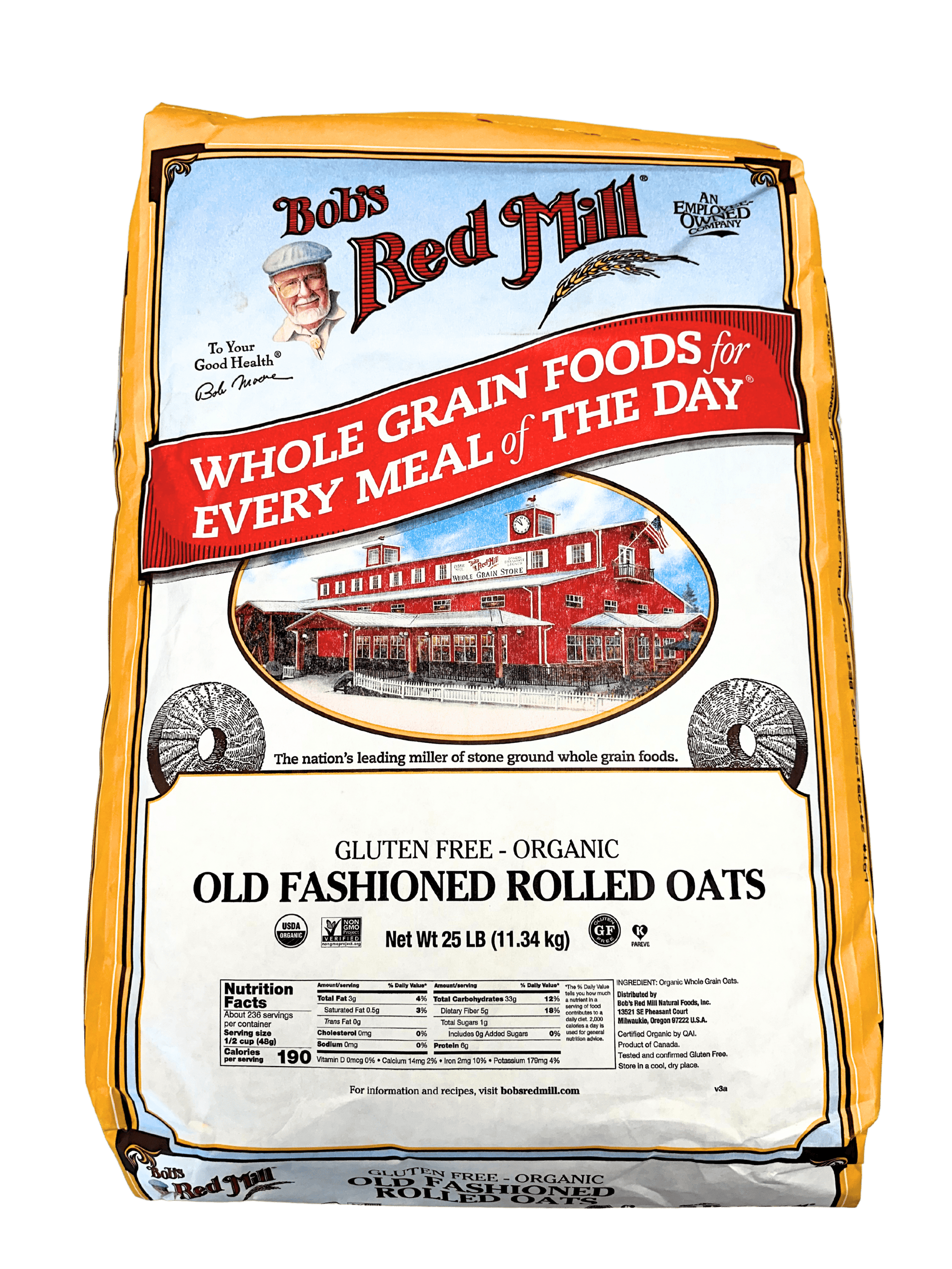 Organic gluten-free rolled oats from Bob's Red Mill in a 32 oz package, shown in a natural, whole oats presentation.