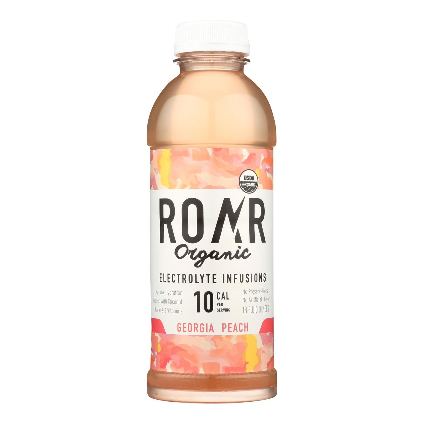Pack of 12 Cozy Farm Roar Organic Georgia Peach Water bottles, 18 fl oz each, with fresh peach flavor and natural ingredients.