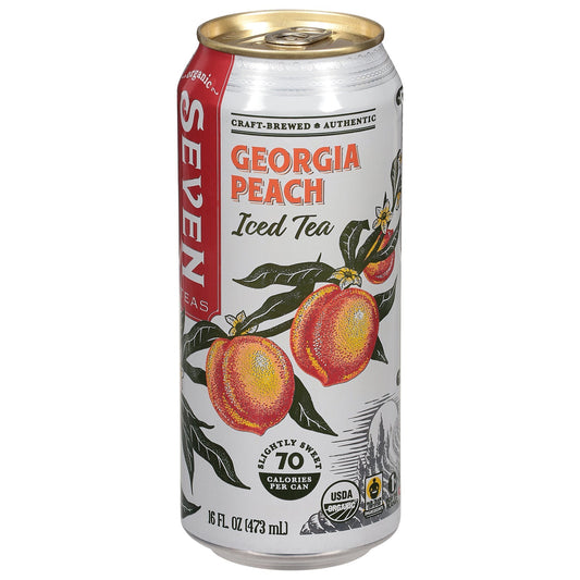 Cozy Farm Seven Teas Georgia Peach Tea in a 16 fl oz bottle, featuring fresh peach flavor and clear beverage with tea leaves.