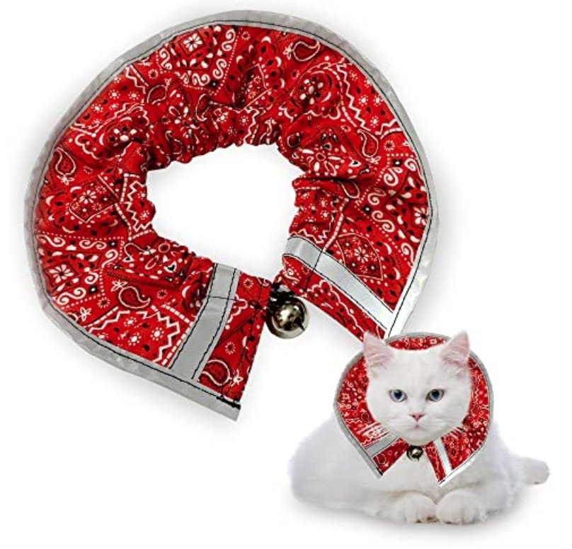 Red breakaway cat collar with bandana from Crazy K Farm Pet and Poultry, designed for safety and comfort for cats.