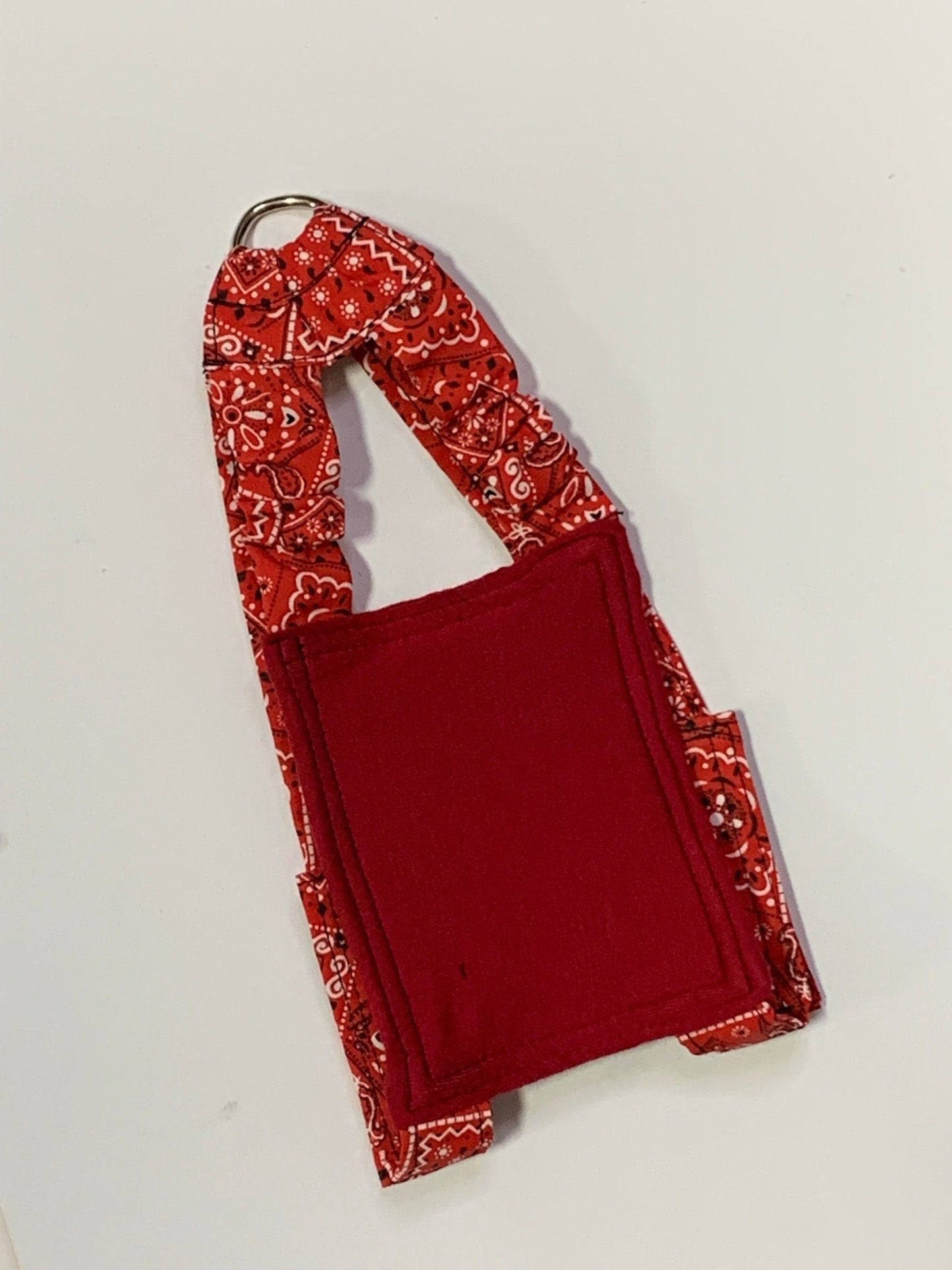 Red bandana chicken harness by Crazy K Farm Pet and Poultry, designed for hens and ducks, without diaper, one size.