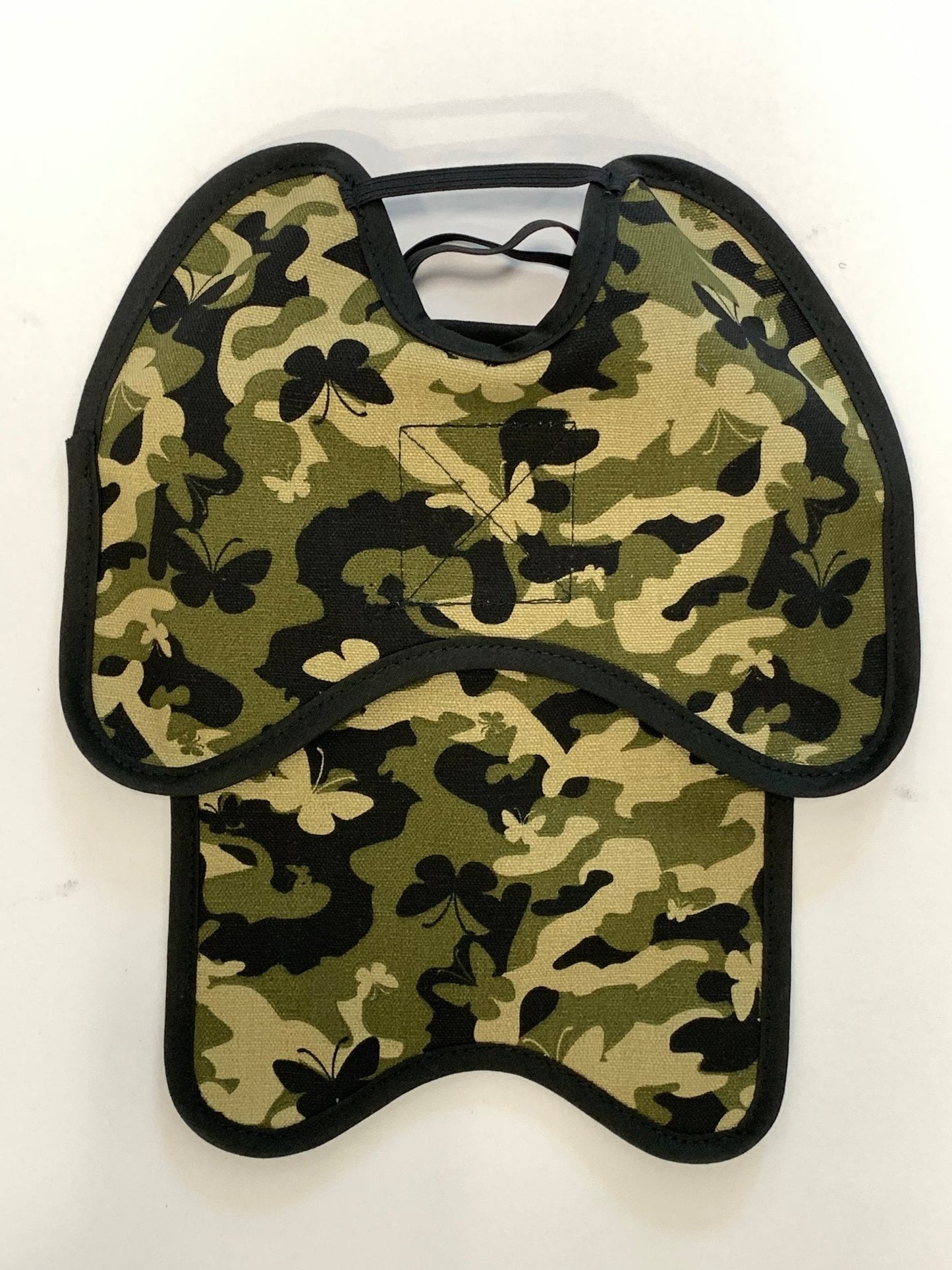 Navy Hen Saver chicken saddle with shoulder protectors for hens, made by Crazy K Farm Pet and Poultry, designed for standard-sized chickens.