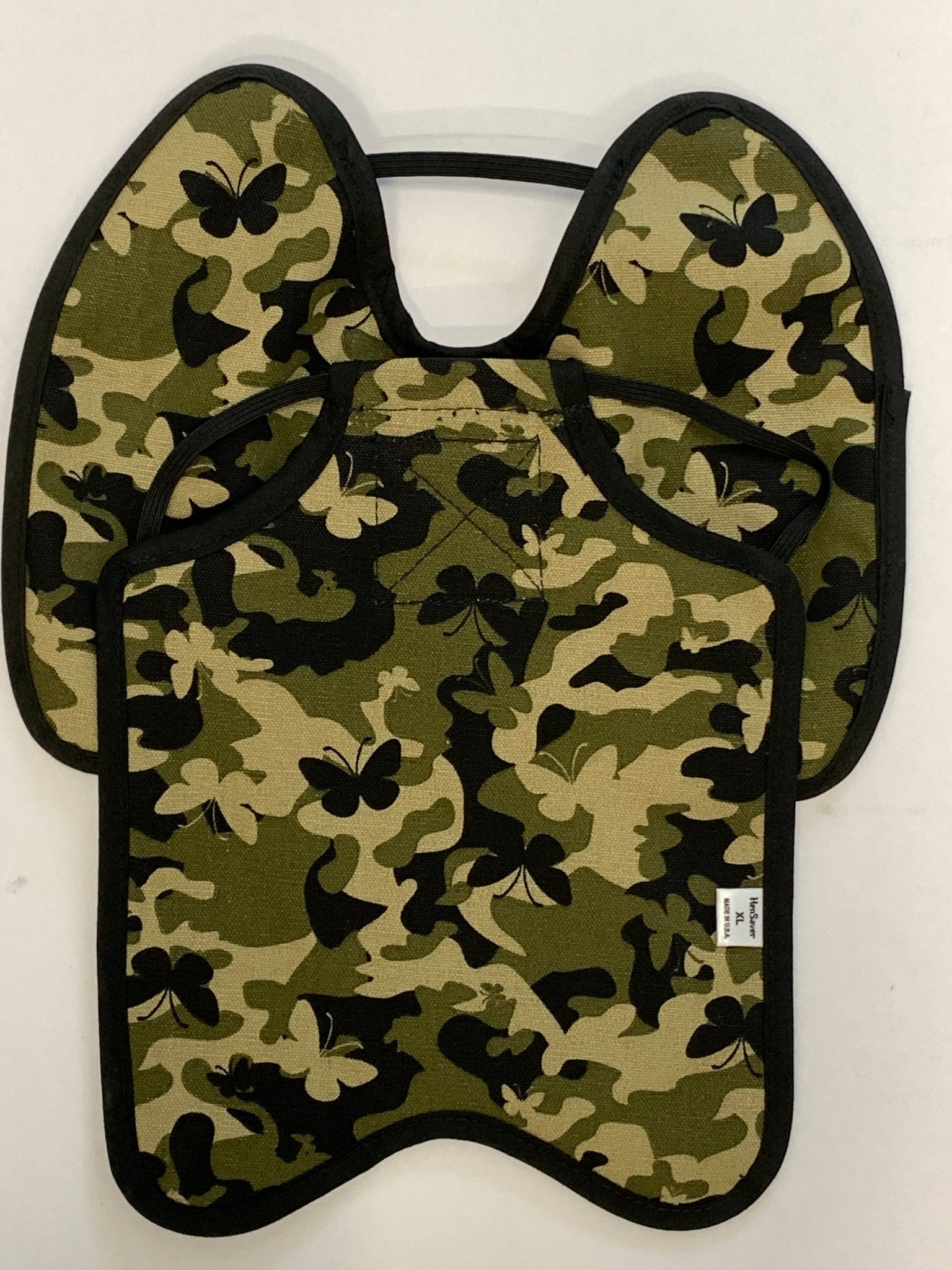 Navy hen apron with shoulder protectors for chickens, made by Crazy K Farm, designed to shield hens from pecking injuries.