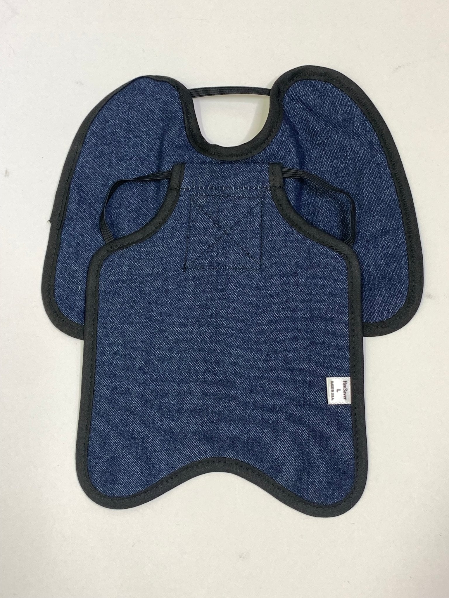 Navy hen apron with shoulder protectors by Crazy K Farm Pet and Poultry, designed for large hens to prevent feather pecking.