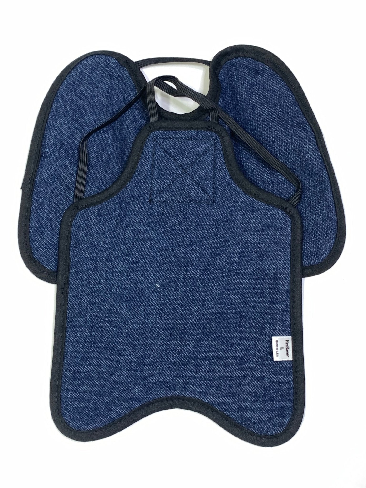 Navy Hen Saver chicken saddle with shoulder protectors for hens, made by Crazy K Farm Pet and Poultry, for large chickens.