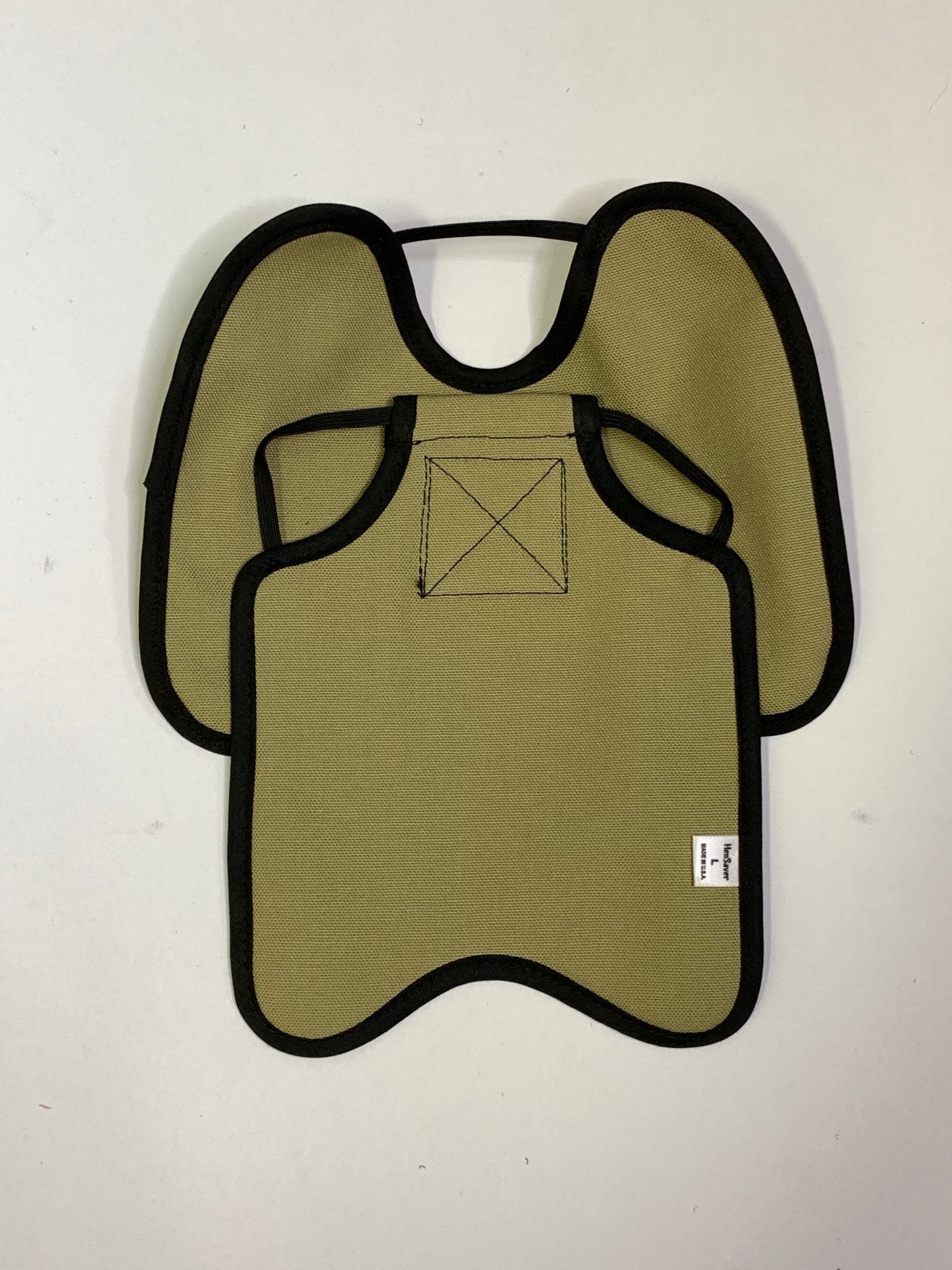 Navy hen apron with shoulder protectors for chickens, made by Crazy K Farm Pet and Poultry, designed to shield hens from injury.